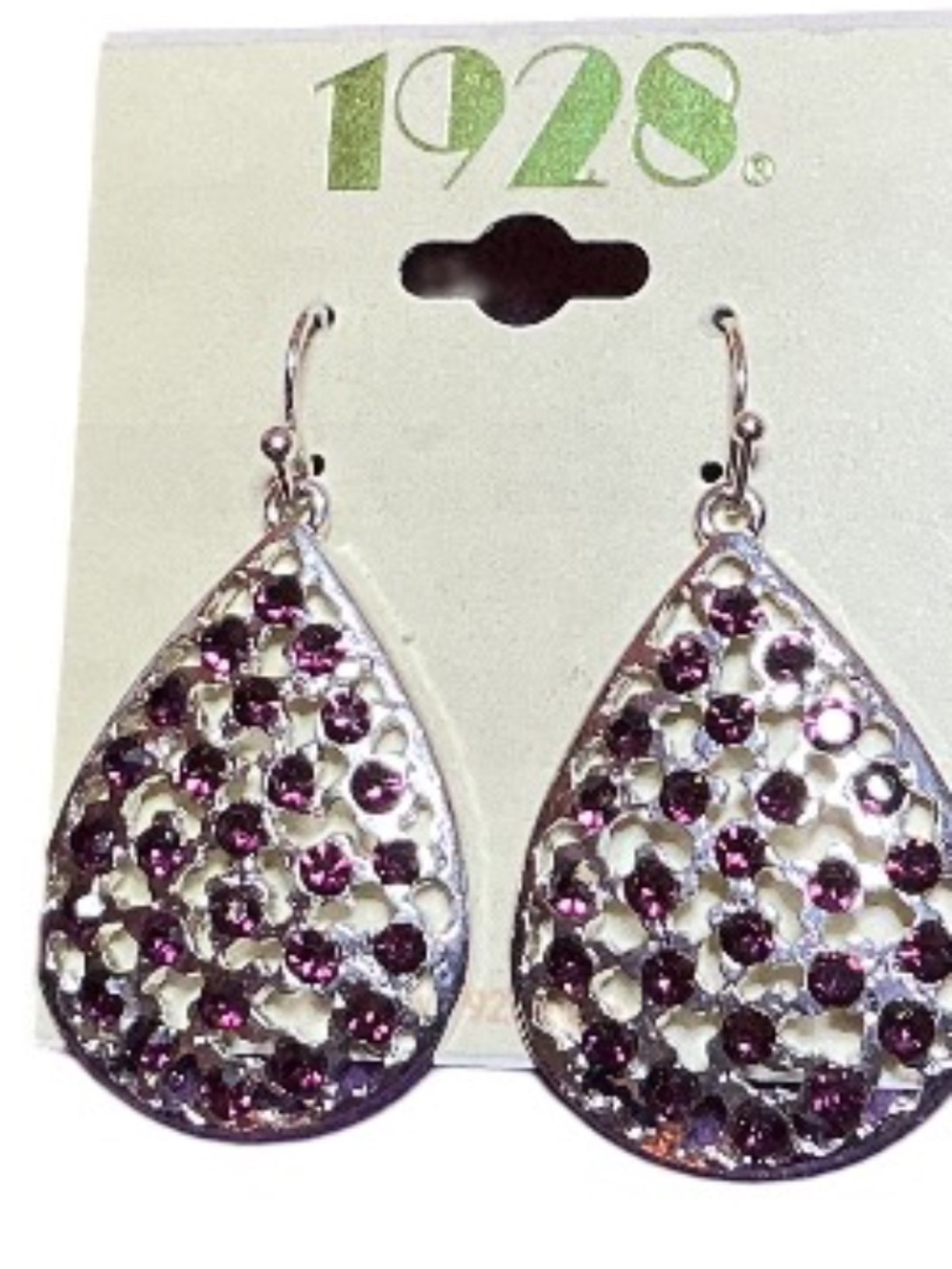 1928 Silver Tone Teardrop Earrings with Purple Rhinestones Filigree Dangle NWT